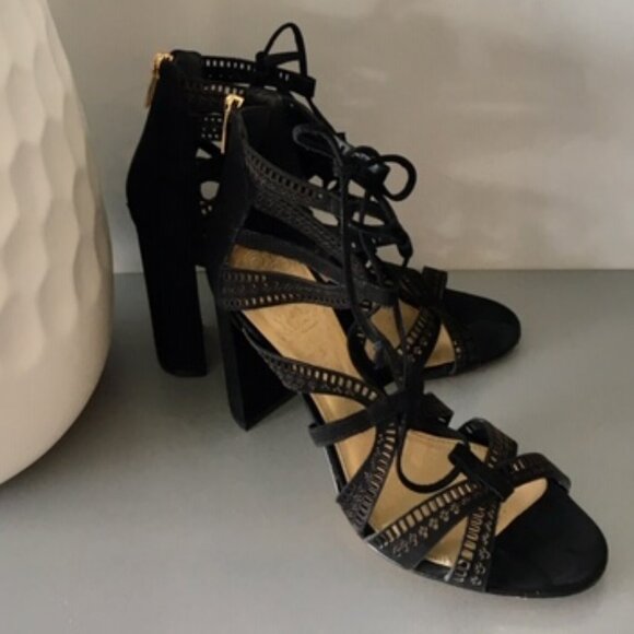 Vince Camuto Black suede lace up/strappy heel size 7 - Picture 2 of 12